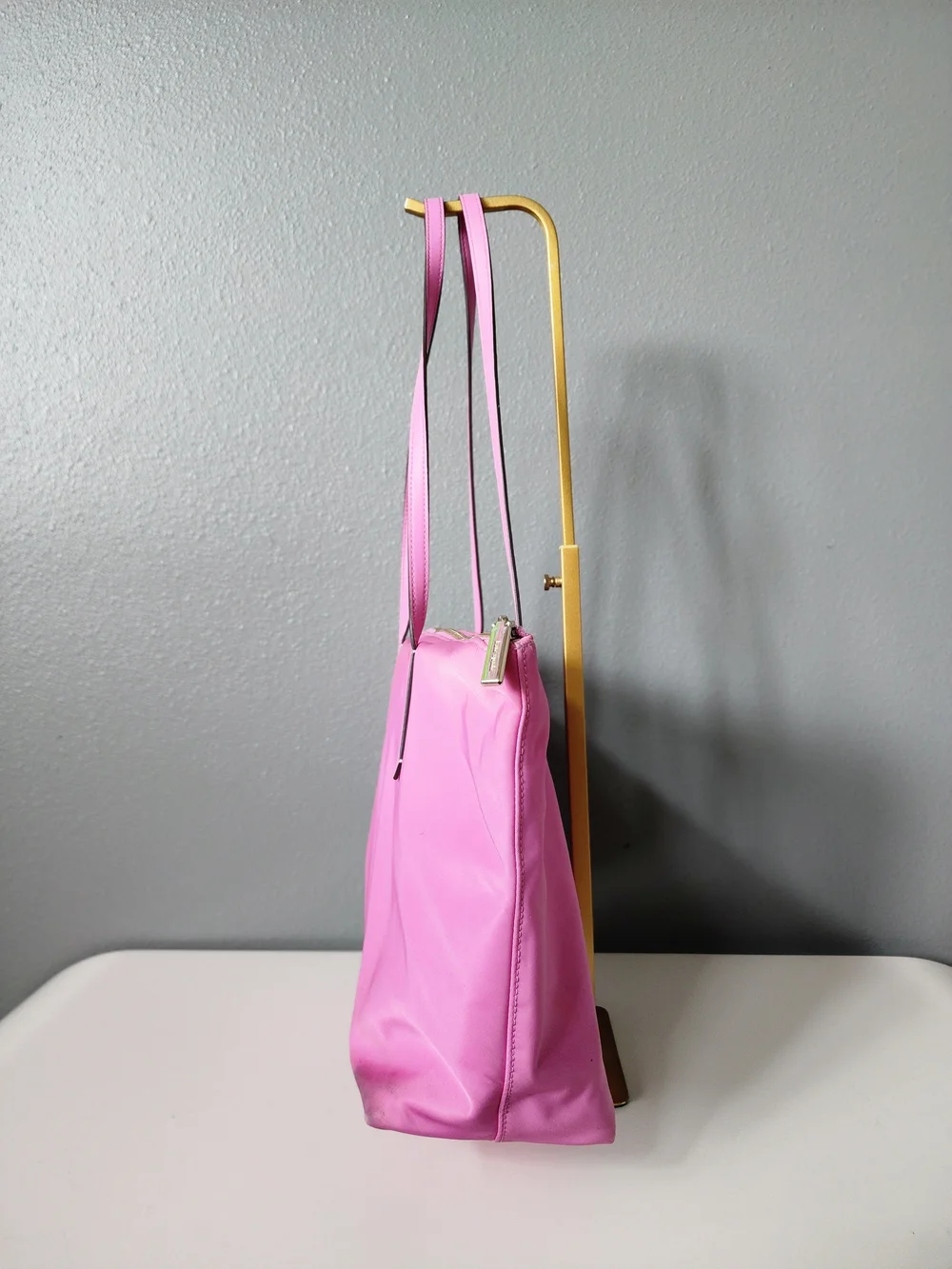 Kate Spade New York Pink Nylon Tote Shoulder Bag Zip Top Leather Handles